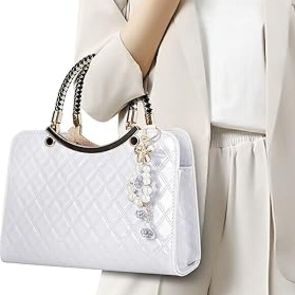 Neiman Marcus Shiny Faux Leather Diamond Pattern Top Handle Purse - Picture 6 of 7